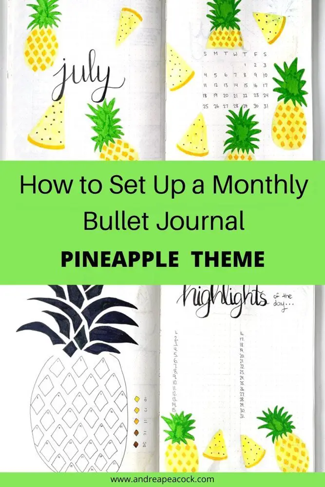 how to set up a monthly bullet journal with a pineapple theme