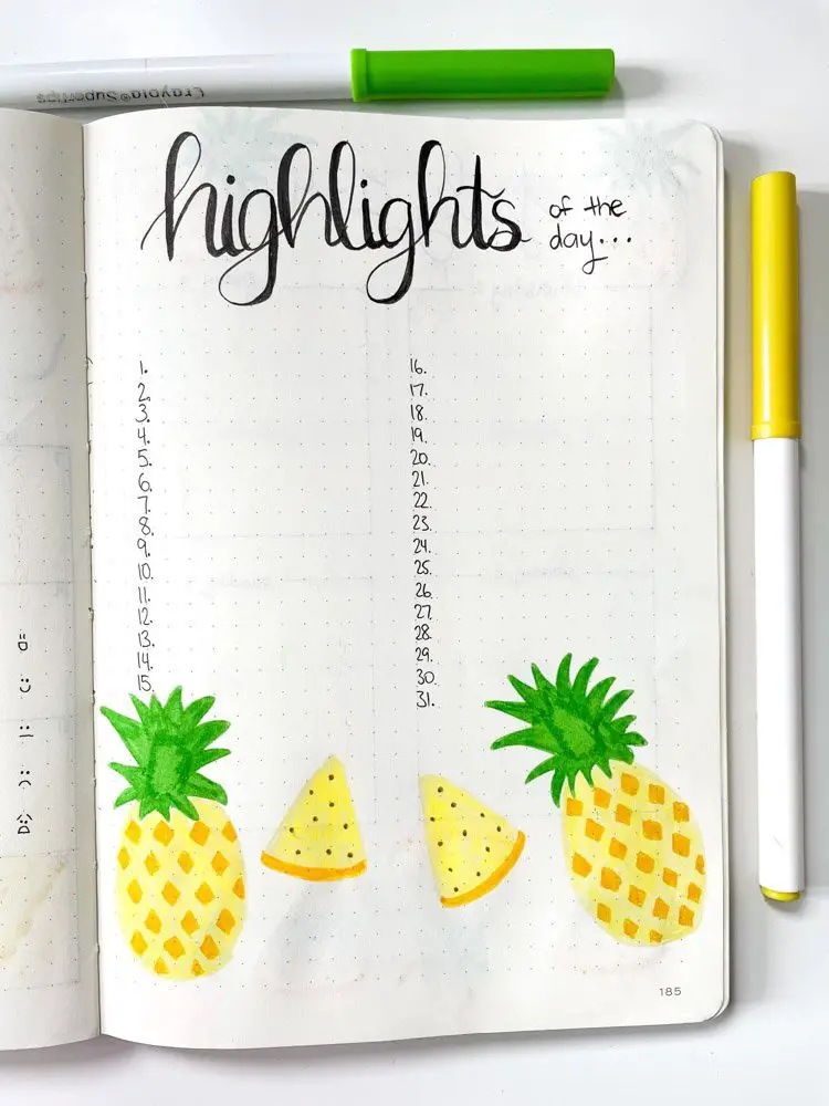 bullet journal highlights of the day page with pineapples