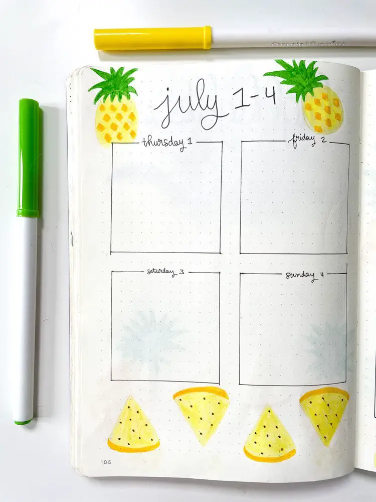 bullet journal pineapple weekly spread