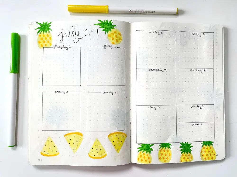 bullet journal pineapple weekly spread