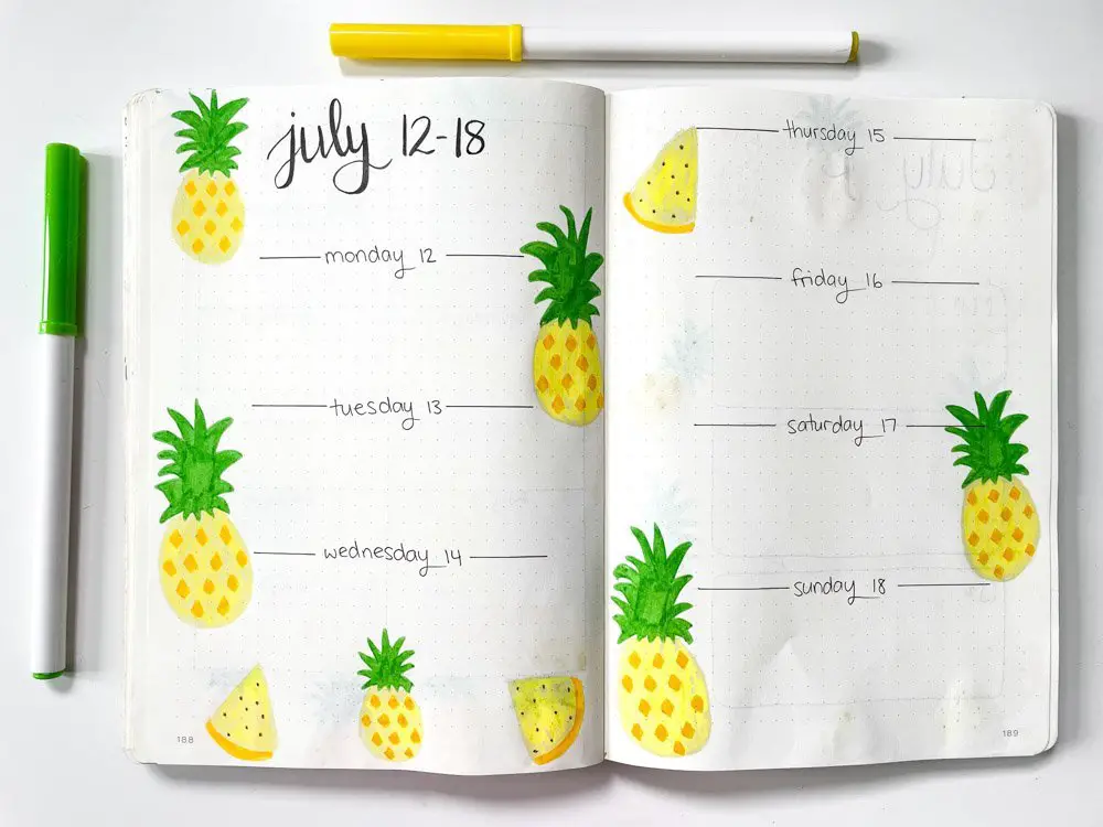 bullet journal pineapple weekly spread