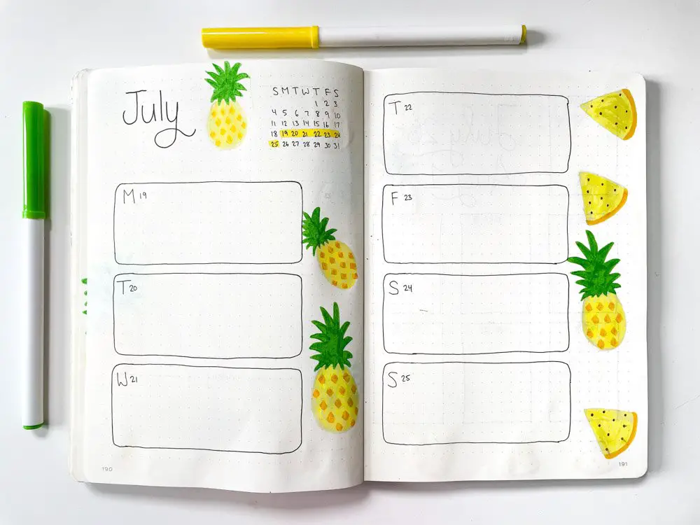 bullet journal pineapple weekly spread