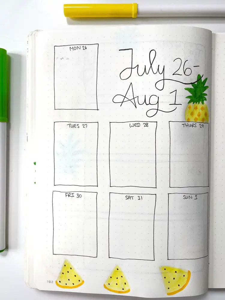 bullet journal pineapple weekly spread