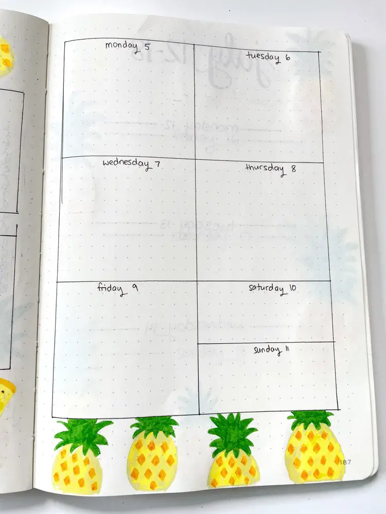 bullet journal pineapple weekly spread