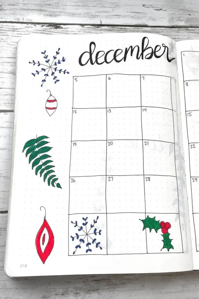 december bullet journal monthly calendar