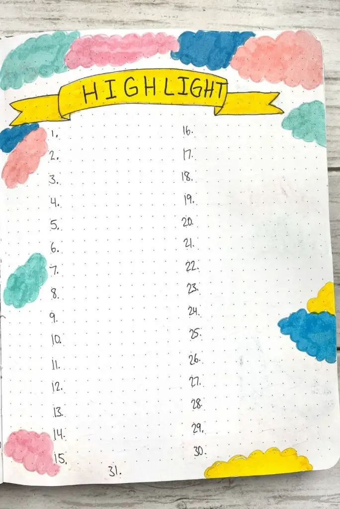 bullet journal highlights of the day page