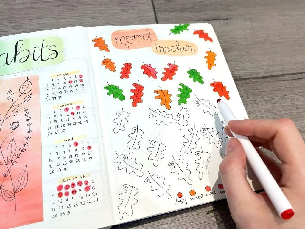 bullet journal spread with a partially filled in habit tracker and mood tracker with a fall leaf theme