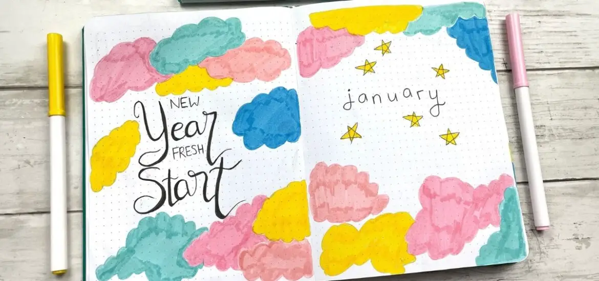 January 2022 bullet journal cover page and quote page spread
