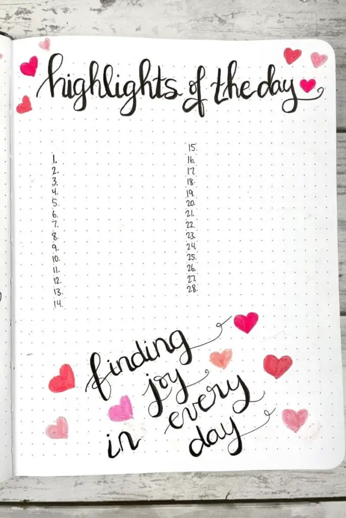 February bullet journal highlights of the day page