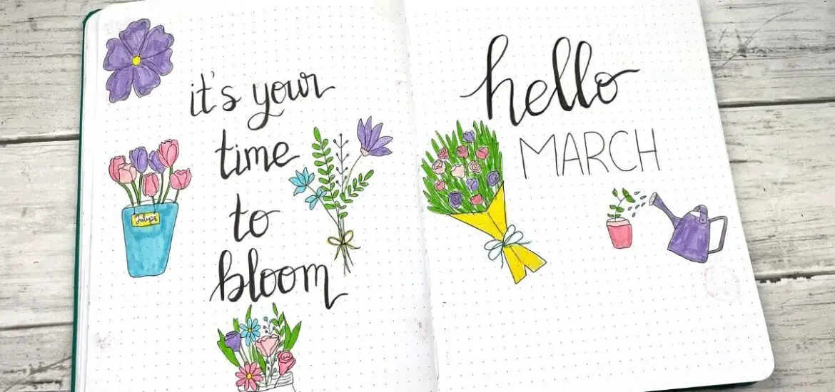 March bullet journal cover page spread