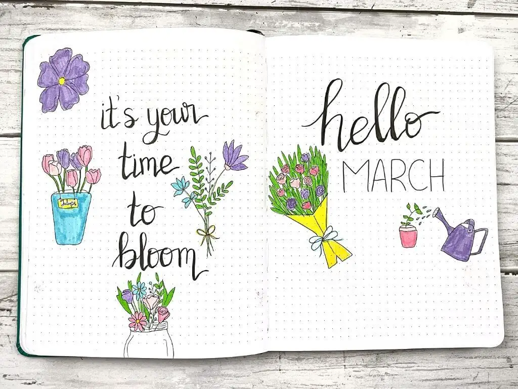 March bullet journal spread: quote page and cover page