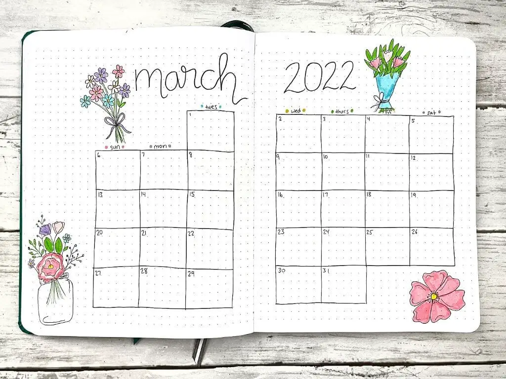 March bullet journal calendar with flowers