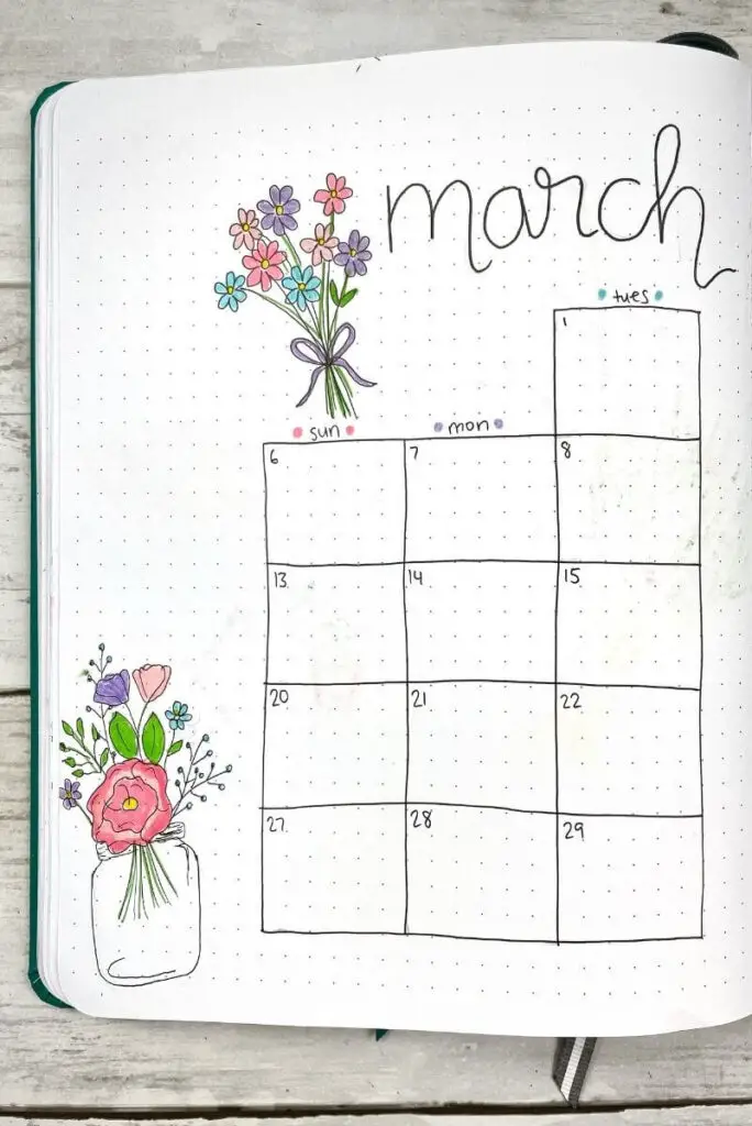 March bullet journal calendar with flowers