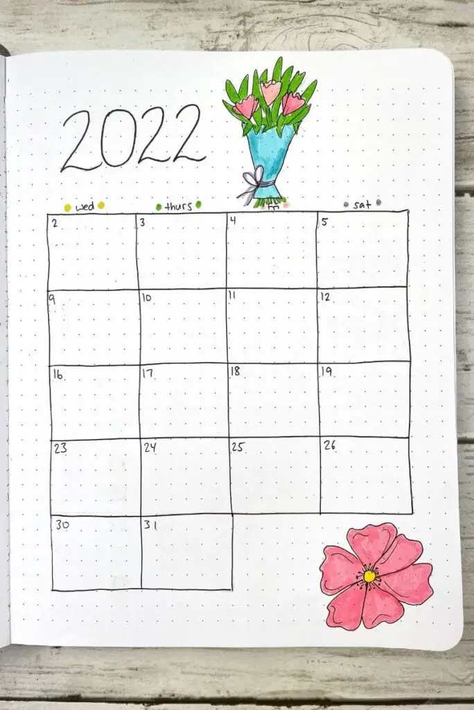 March bullet journal calendar with flowers