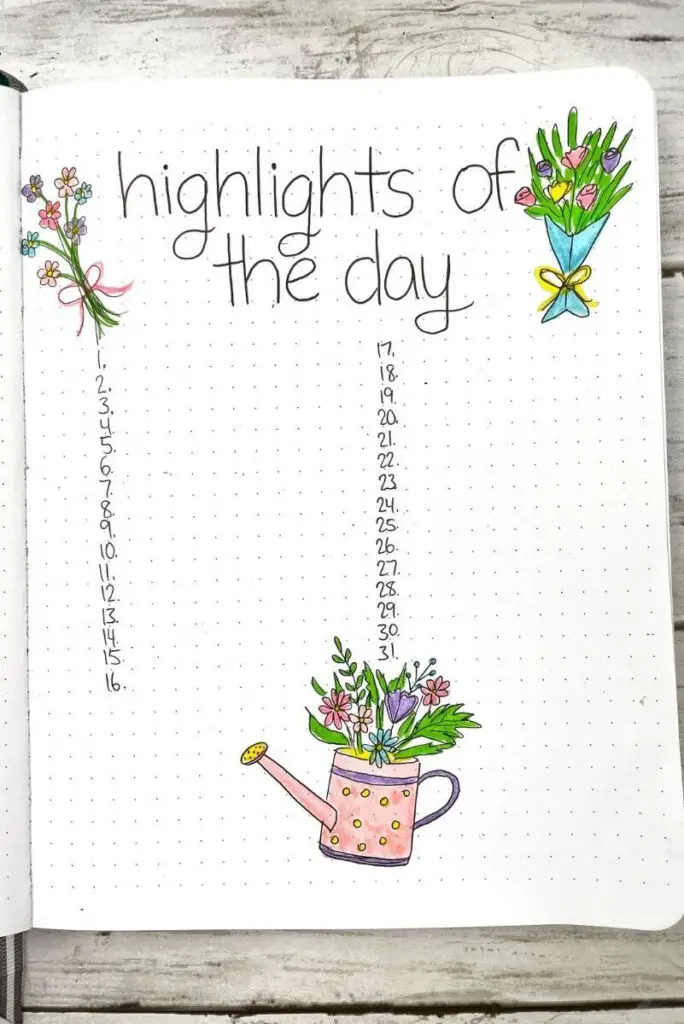 bullet journal floral highlights of the day page
