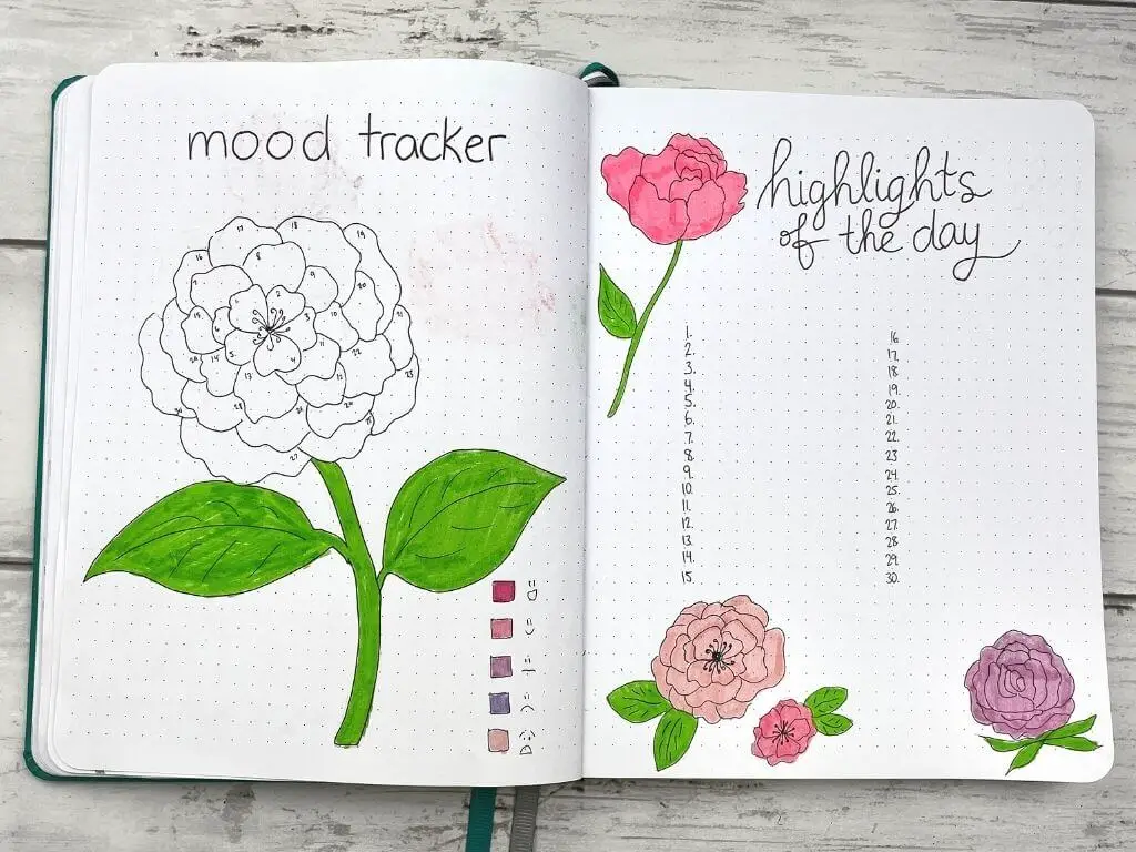 bullet journal mood tracker and highlights of the day spread