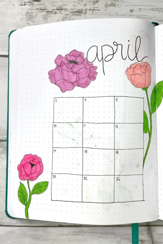 april bullet journal monthly calendar spread
