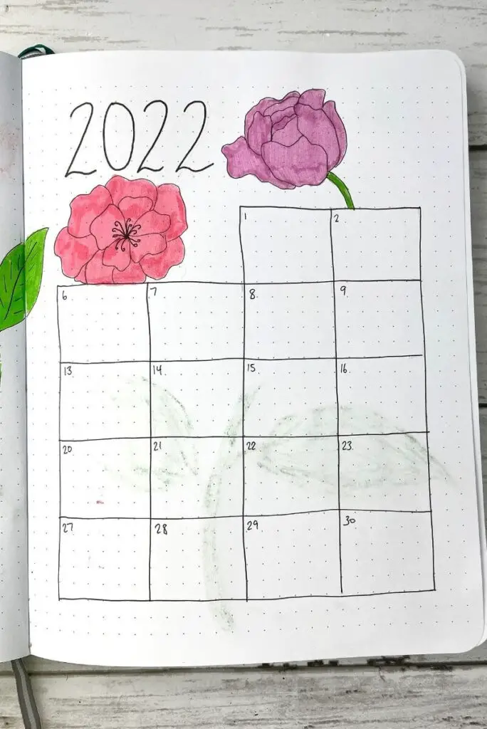 april bullet journal monthly calendar spread