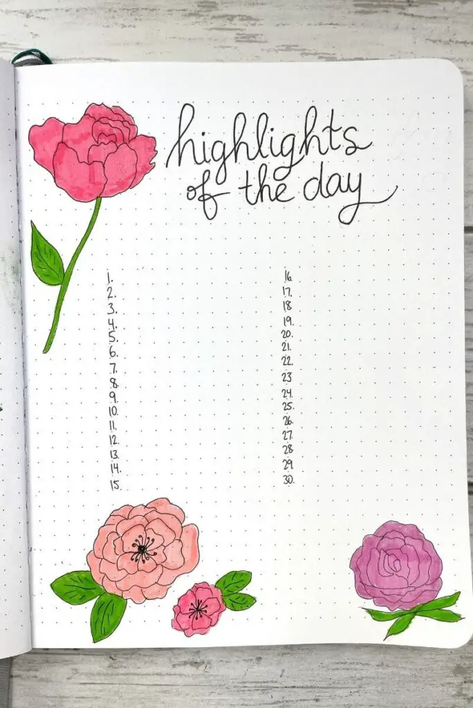 bullet journal monthly highlights of the day page