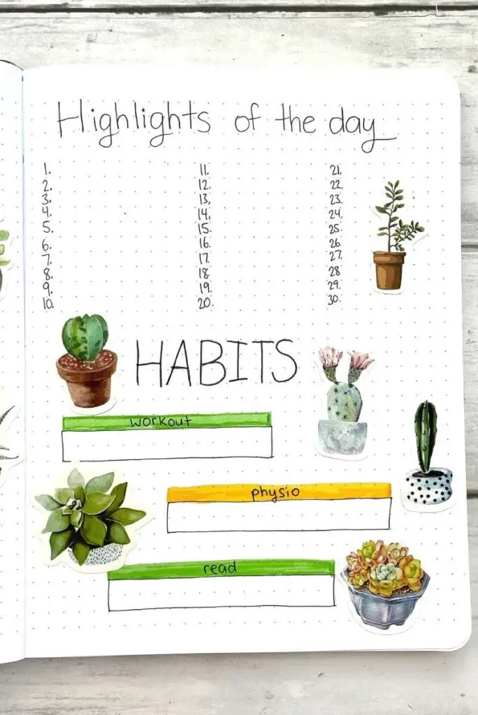 bullet journal highlights of the day and habit tracker page