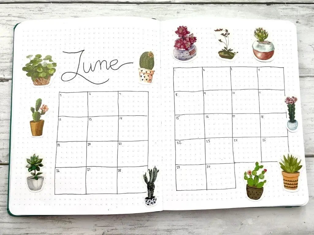 June bullet journal monthly calendar spread